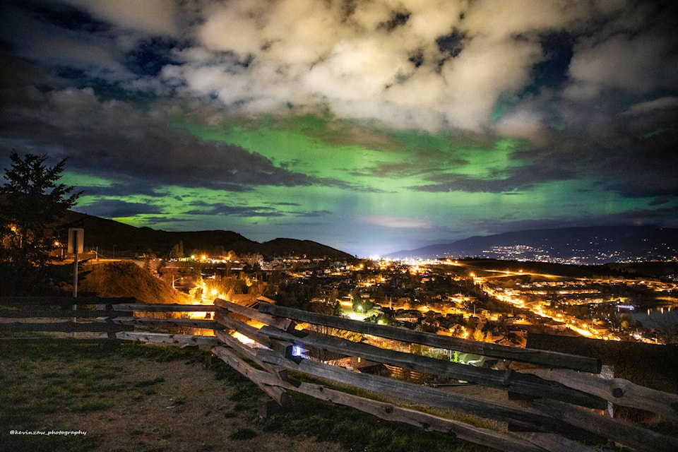 The aurora borealis lit up the skies over Vernon Sunday, April 10, as seen from the Kalamalka Lakeview Drive Lookout. (Kevin Zaw Photography)