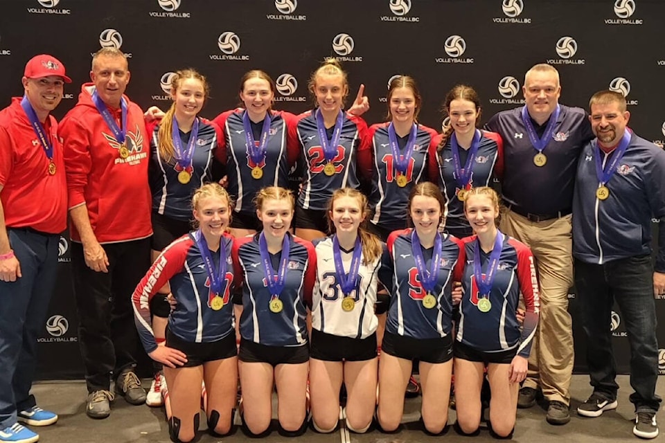 The Vernon Firehawks won the Volleyball B.C. U17 girls club championship at the Richmond Olympic Oval Easter weekend to advance to the national finals in Edmonton May 19-21. (Jenni Duff photo)