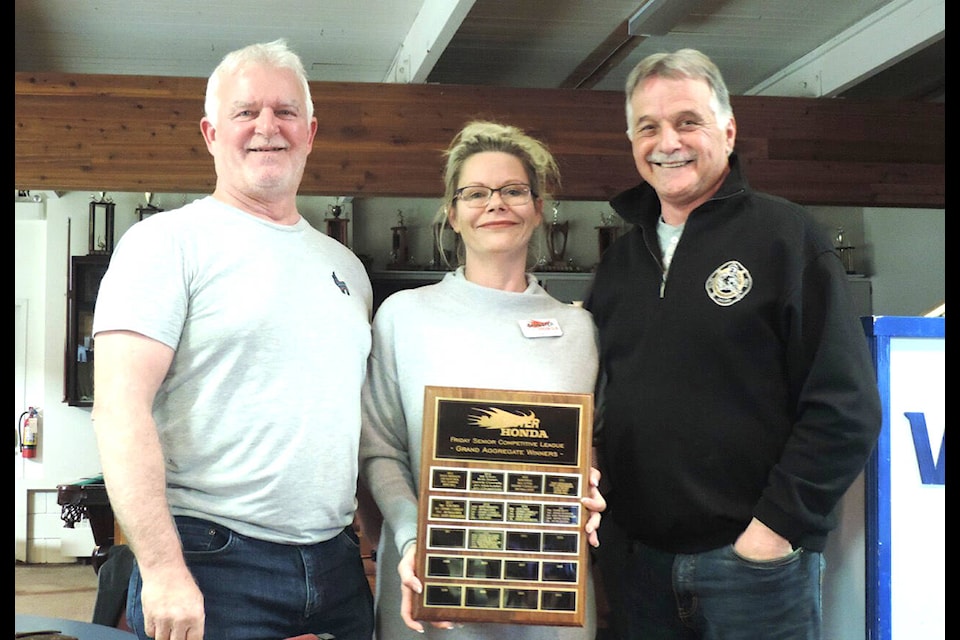 From left to right: Kevin Gatzke, Bannister Honda sales manager Tracy Evans and Duane Batty. Team Houle earned the Vernon Curling Club’s Bannister Honda Aggregate trophy for the 2021-22 season. (Submitted photo)