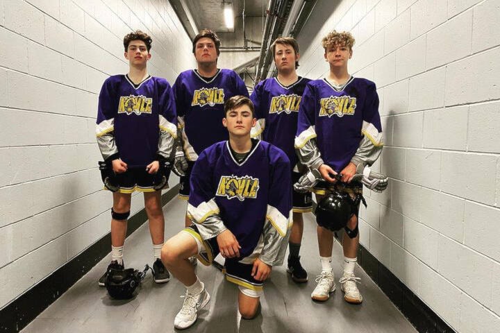 North Okanagan Tolko/Wholesale Grafix U16 lacrosse players Kohen Pounder.(front), Kian Yargeau (back, from left), Waylon Stowards, Cole Gartner and Aidan Wattie have been named to the Okanaagan team that will compete next month at the B.C. Summer Games in Prince George. (Contributed)
