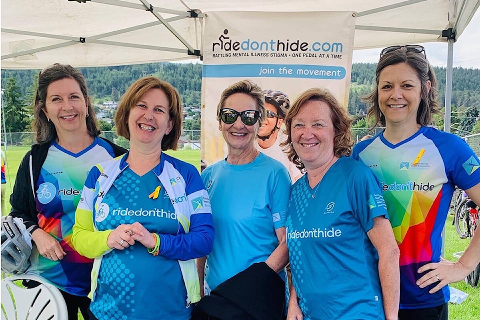 Sheila Stainton (second from left) and some of her I Ride For You teammates pictured at the Ride Don’t Hide Vernon event for Canadian Mental Health Sunday, June 12, at Creekside Park in Coldstream. (Contributed)