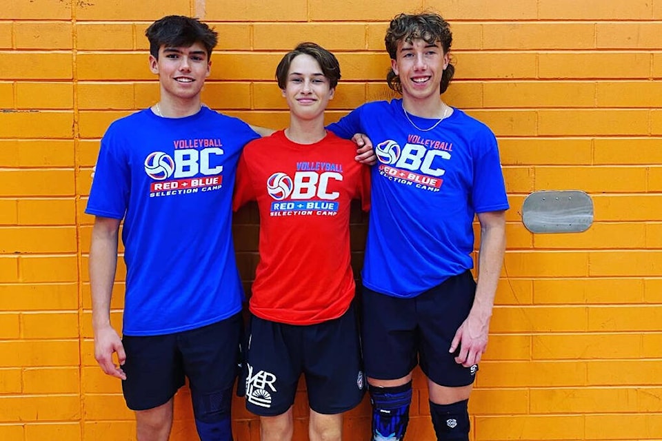 Kal Secondary’s Rory O’Brien (from left), Devon Sales Parno and James Helfrick of Vernon Secondary are three of nine North Okanagan volleyball players named to provincial teams competing at the Canada Cup tournament this week in Calgary. (Contributed)