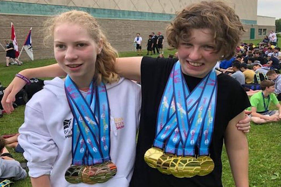 Para swimmers Senna Entner of Vernon (left) and Brea Duncan of Armstrong won 10 medals between them at the B.C. Summer Games in Prince George. Duncan pocketed six gold and Entner collected four silver medals. (Facebook photo)