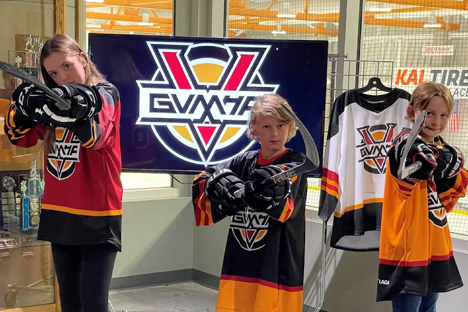 Mikayla Bishop (from left), Bryden Ezekiel and Jackson Ford model the new-look colours and logo of Greater Vernon Minor Hockey Association’s Recreation (House) Division uniforms. IContributed)