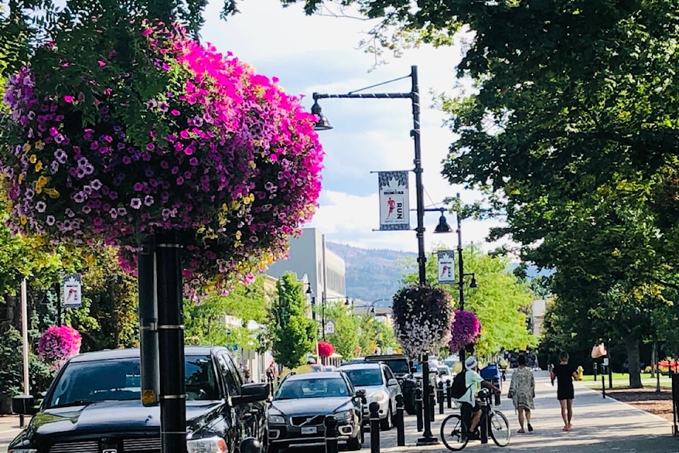 There are more than 160 hanging baskets in downtown Penticton with the majority of them on Main Street as seen here by Gyro Park. (Monique Tamminga Western News)