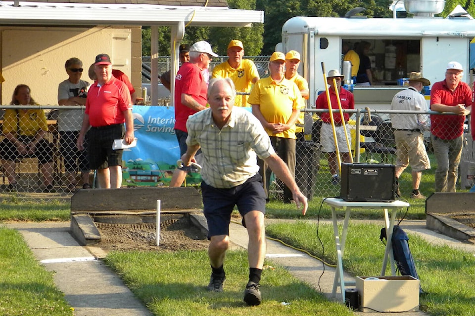 Vernon Mayor Victor Cumming throws out the ceremonial first shoe at the B.C. Horseshoes Championships, hosted by the Vernon Horseshoes Club Sept. 3 and 4 at the Alexis Park Drive facility. (Contributed)