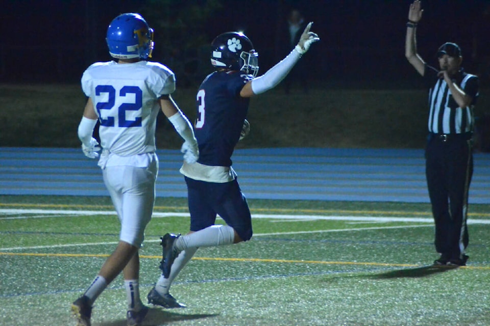 Vernon Panthers receiver Mitchell Bond (3) celebrates his touchdown in the Cats’ 27-17 pre-season Interior Senior Varsity Football Conference win over the Rutland Voodoos Friday, Sept 9, at Greater Vernon Athletic Park. (Darren Hove Photo)