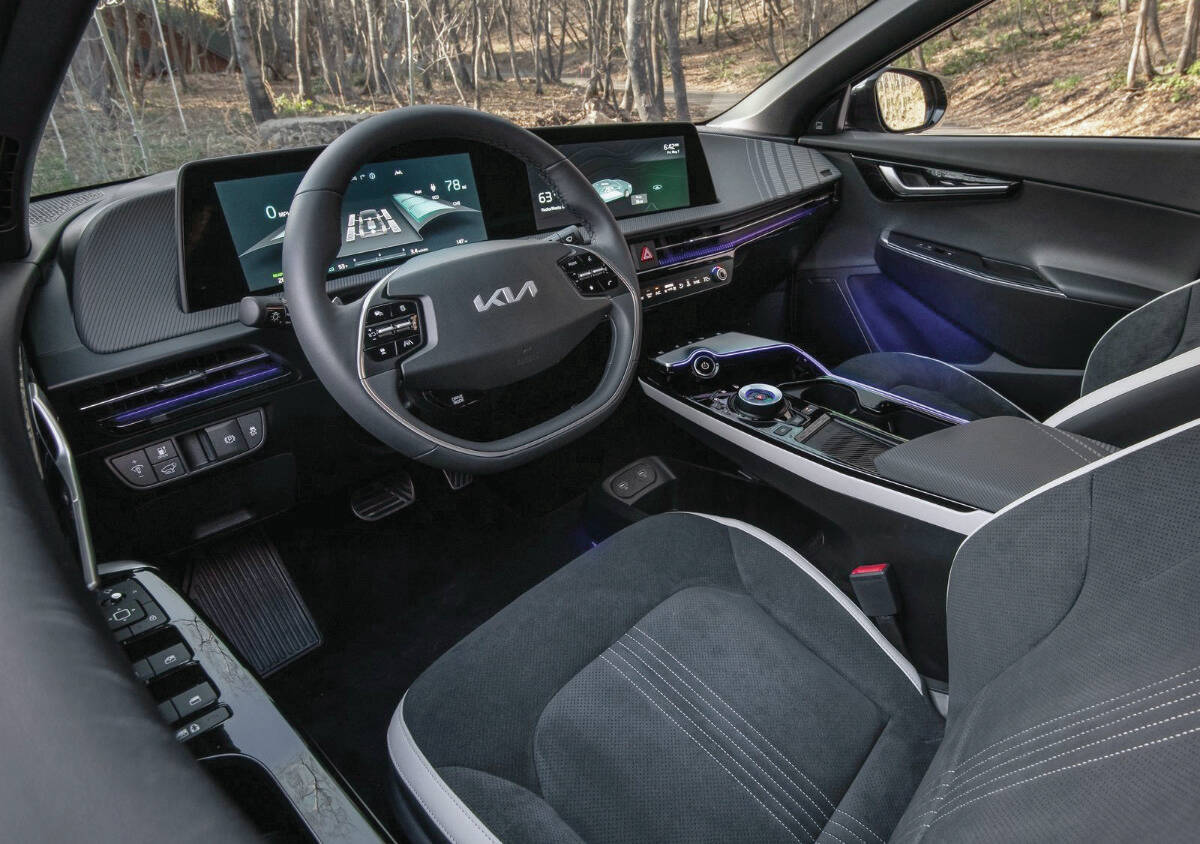 The trend for electric vehicles is to forego the conventional gauge package for one or more rectangular display screens mounted on top of the dash. PHOTO: KIA