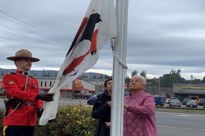 An Okanagan Nation flag was raised at the Armstrong RCMP detachment Thursday, Oct. 20, 2022. (RCMP photo)