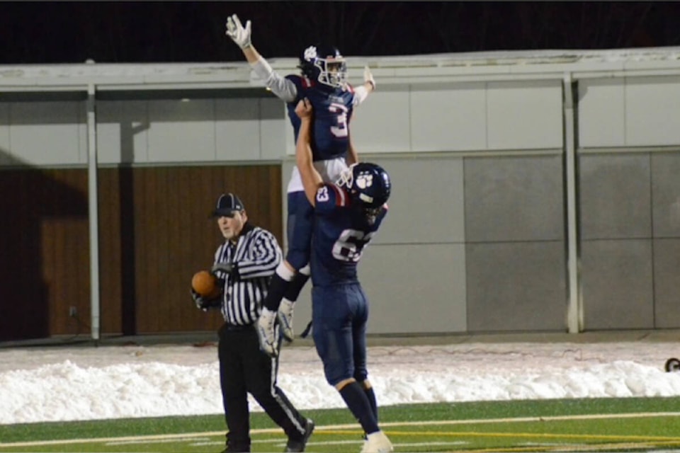 Vernon Panthers offensive lineman Mark Johnson (63) lifts wide receiver Mitchell Bond into the air in celebration after a Bond touchdown in the Cats’ 30-14 B.C. AA Subway Bowl Senior Varsity Football quarterfinal win over the Titans Friday, Nov. 18, at Greater Vernon Athletic Park. The Panthers advance to the provincial semifinal Saturday, Nov. 26, at B.C. Place against the John Barsby Bulldogs of Nanaimo. (Darren Hove Photo)