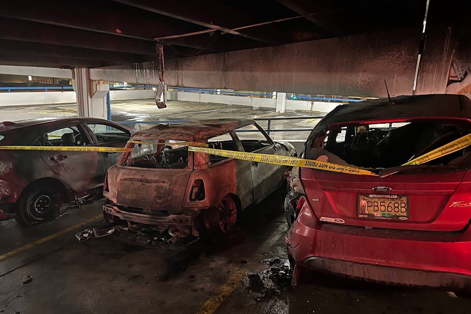 Three cars were destroyed by fire in the Vernon Parkade Friday, Nov. 25. (Brendan Shykora - Morning Star)
