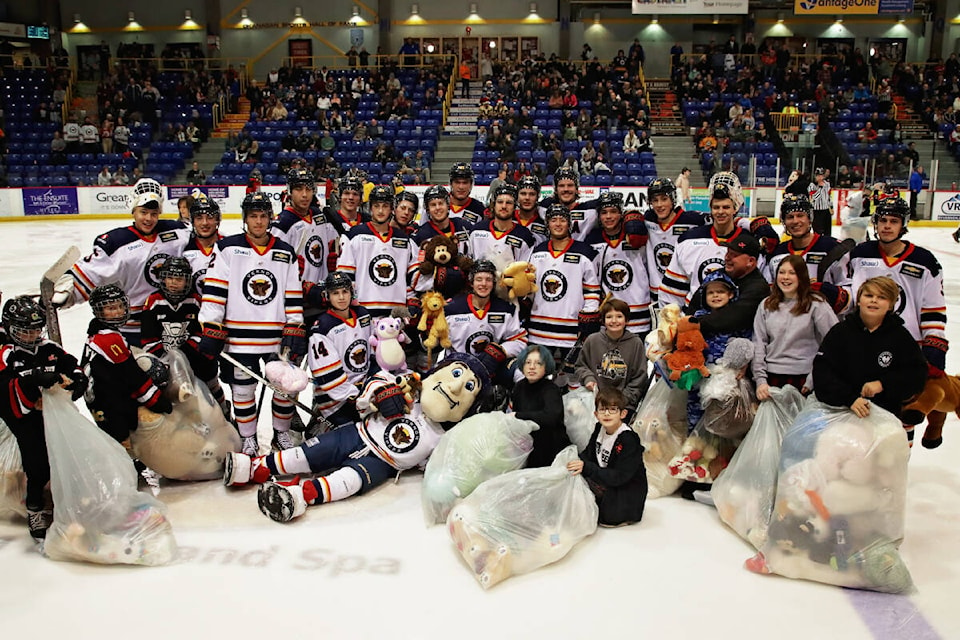 The Kal Tire Place ice was littered with stuffies Saturday, Dec. 17, following a second-period goal by Vernon defenceman Dylan Compton as the Vipers held their annual BCHL Teddy Bear Toss game. (Lisa Mazurek - Vernon Vipers Photography)