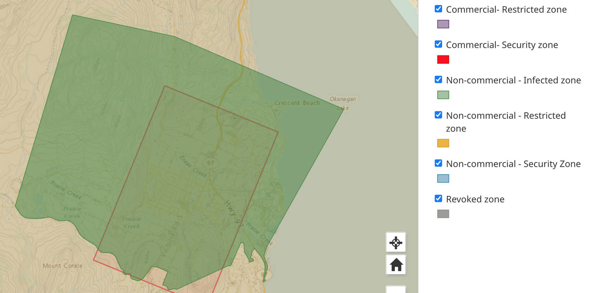 This is the map of the protected zone set up by CFIA after avian flu was found in Summerland. (CFIA)