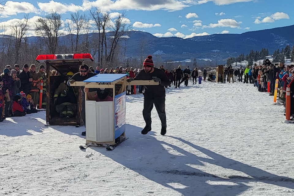 The Monashee Trail Society’s annual Outhouse Races in Lumby Sunday, Jan. 22, flushed away some of the winter blues as the event was held under perfect sunny skies near the village. (Roger Knox - Morning Star)