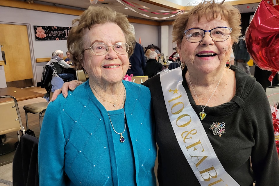 Between them, sisters Bernadette Desy (left), from Everett, Wash., and Vernon’s Simone Huhtala have each lived more than a century. Desy turned 101 on Feb. 11 and her baby sister celebrated becoming a centenarian on Feb. 24 at Vernon’s Schubert Centre.(Roger Knox - Morning Star)