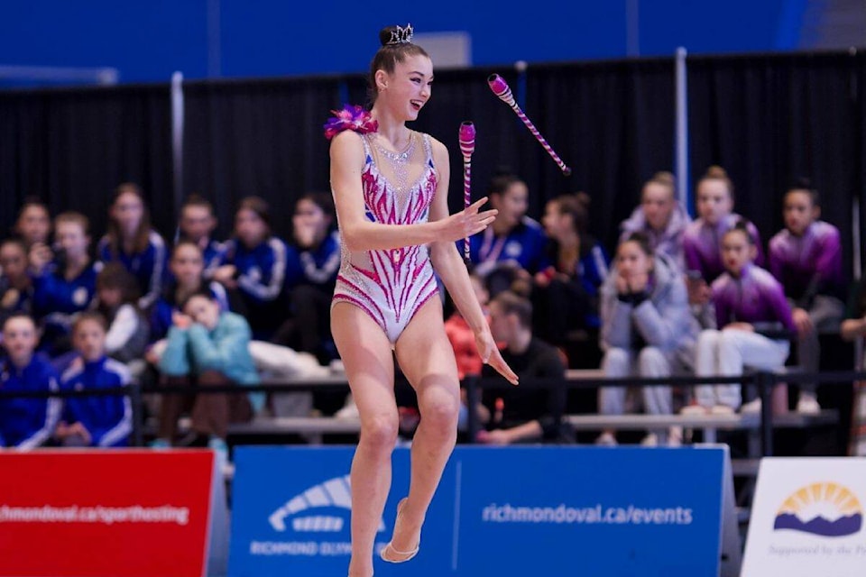 Noelle Brierley’s stellar sixth place performance at the ribbon competition in the junior rhythmic gymnastics national team trials has given her a direct entry into this year’s nationals and a sport on the junior Canadian high performance team. (Virginia Sellars photo)