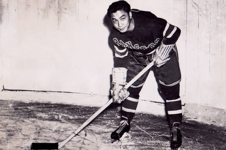 Vernon’s Larry Kwong became the first player of Asian descent to play in the NHL with the New York Rangers 75 years ago, March 13, 1948. (Photo courtesy Chad Soon)