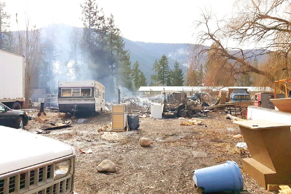 Fire destroyed a travel trailer at the Whispering Pines Motel and Restaurant site on Highway 97 between Vernon and Falkland Sunday, March 19. The fire broke out in an area that has no fire coverage. (Brenda Giesbrecht photo)