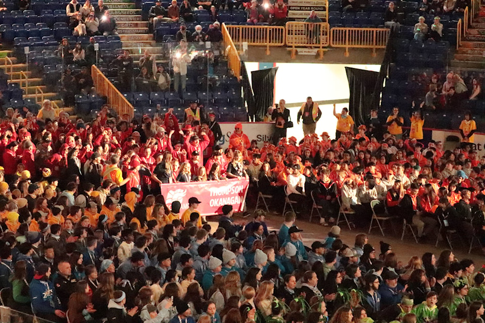 Thompson-Okanagan athletes make their way to the floor at Kal Tire Place during the opening ceremonies of the B.C. Winter Games Thursday night, March 23, 2023. (Brendan Shykora - Morning Star)