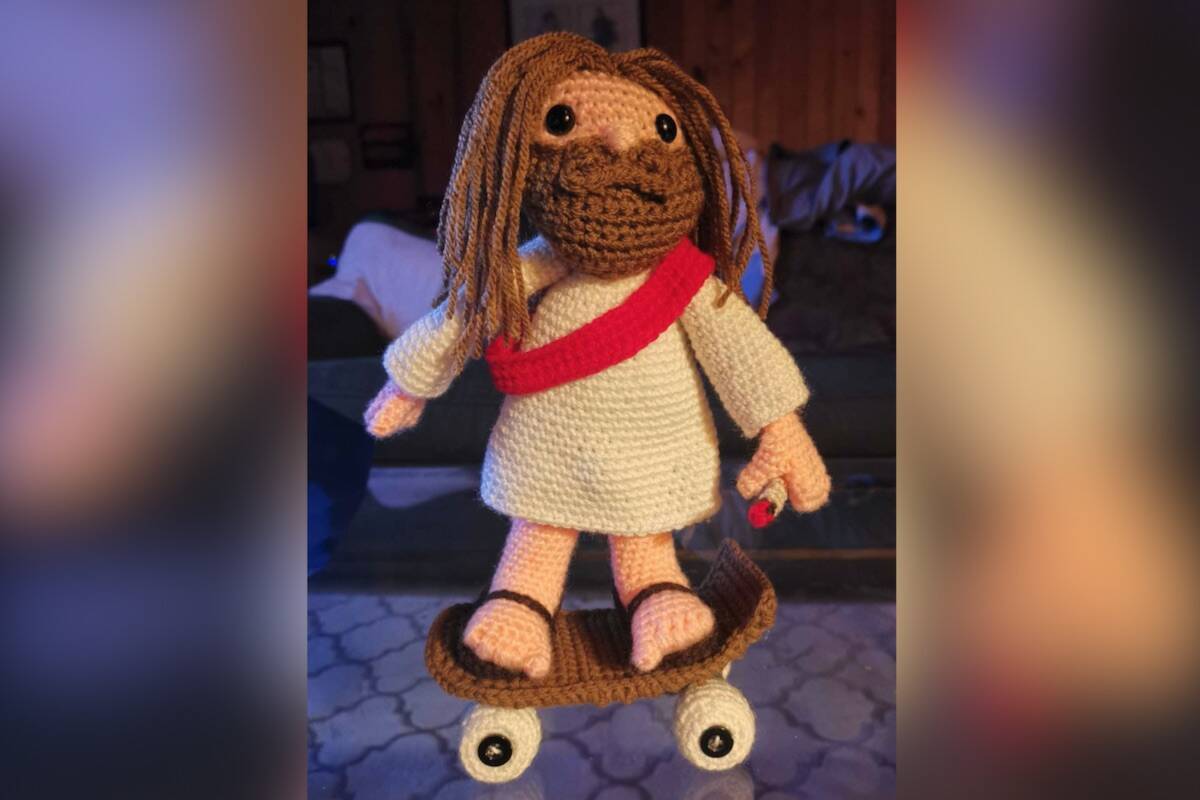 Krista George is selling a crocheted Jesus on a skateboard on Facebook. (Okanagan Buy Sell & Trade/Facebook)