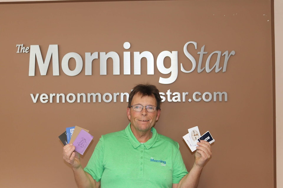 Dean Readman with his collection of gift cards after winning Vernon Morning Star’s $2,023 shopping spree contest (Bowen Assman- Morning Star photo).