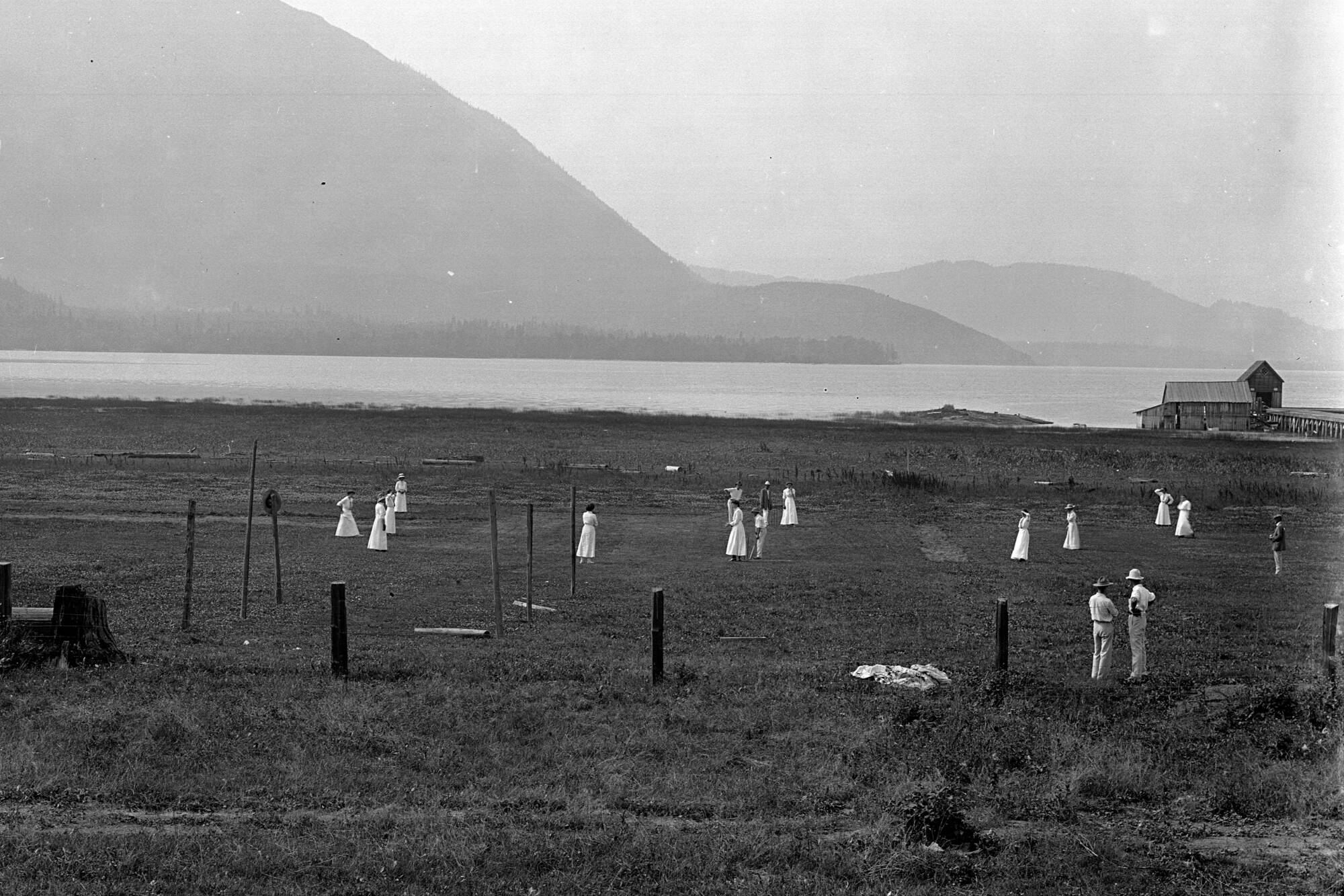 This Rex Lingford photo taken between 1909 and 1914 shows a Ladies versus Men cricket game down by the Salmon Arm wharf, which is visible at right. (Image courtesy of the Archives @ R.J. Haney Heritage Village & Museum)