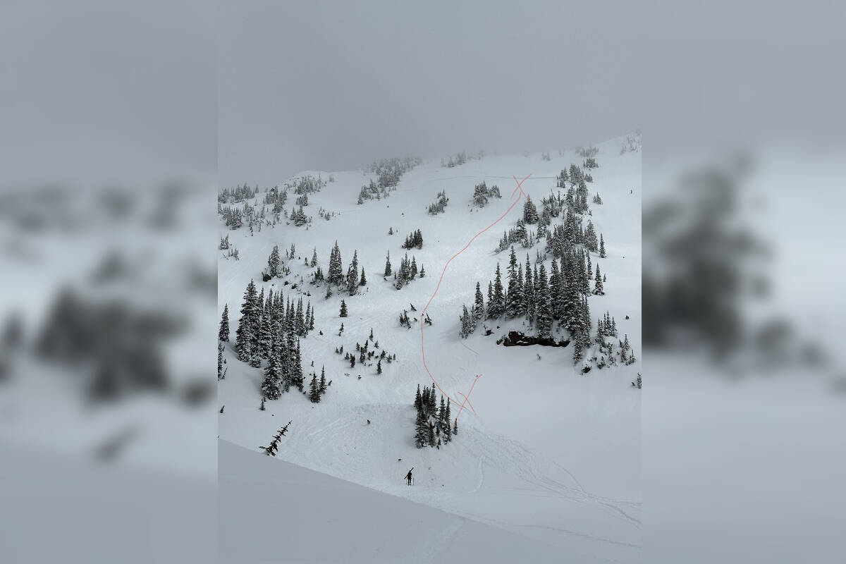 The sketched path that the skiers took down the slope. (Chris Rubens/Avalanche Canada)