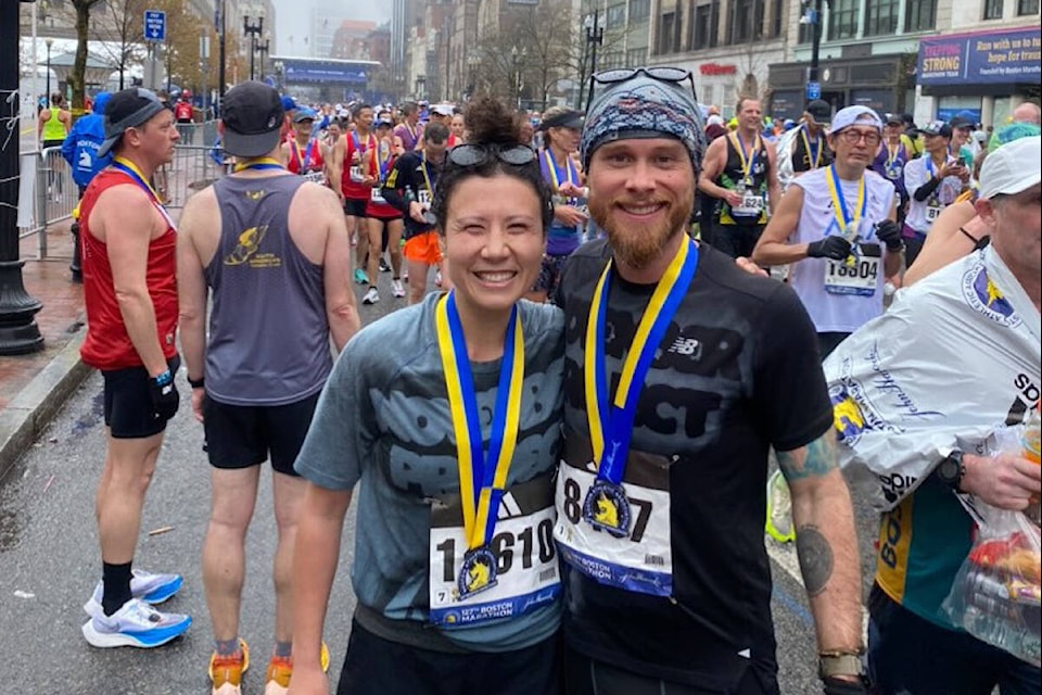 Kelowna’s Caleb Maupin and Phoebe Cseresnyes both took part in their first Boston Marathon on Monday, April 17. They were two of eight people from Kelowna and Vernon to take part in the marathon. (Contributed)