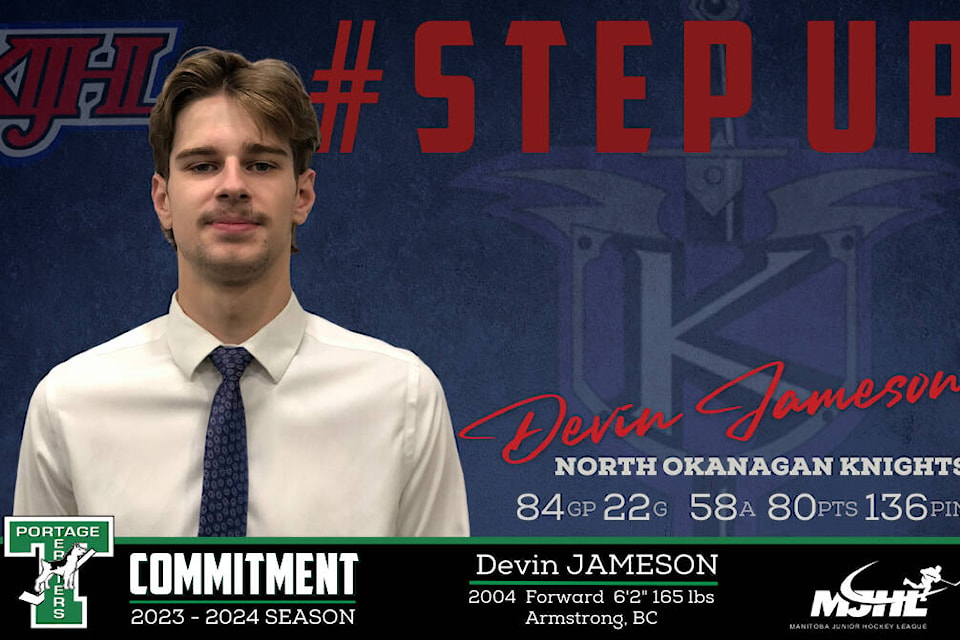 Armstrong’s Devin Jameson has committed to the Portage Terriers of the Manitobal Junior A Hockey League for 2023-24. (KIJHL photo)