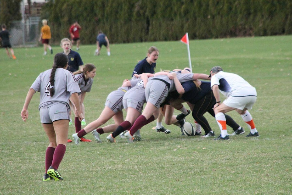 Fulton and Seaton girls compete during a rugby sevens match in Vernon (Bowen Assman/ Morning Star photo).