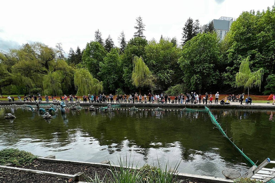 The pond at Polson Park was stuffed with families looking to catch their own trout, as a part of the kids fishing weekend with the Kalamalka Fly Fishers Society (Bowen Assman-Morning Star photo).