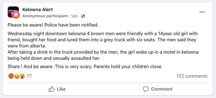 An anonymous post made to Facebook on May 7, 2023. (Kelowna Alert/Facebook)