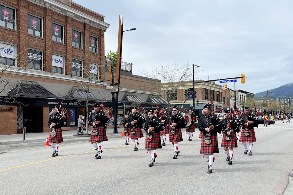 Shuswap Pipes N’ Drums march in the individual parade at the 45th annual Spring Fling hosted this year by the Kelowna Pipe Band on May 6, 2023. (Photo contributed)