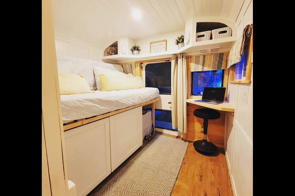 The main bedroom of the Siebzs school bus that they converted into a travelling home. The bus is now up for sale as they place roots in Penticton. (Suzy Siebz photo)
