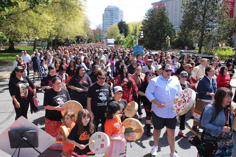 The annual Moose Hide Campaign march in Victoria on May 11 called for ending violence against women and children. (Jake Romphf/News Staff)