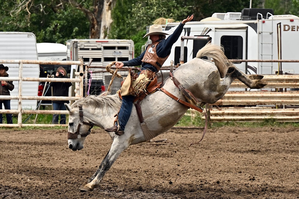 Bronco riding at the 2023 Keremeos Rodeo over the May long weekend. (Brennan Phillips - Western News)