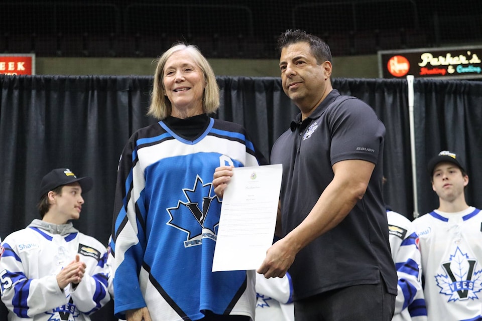 Penticton Vees head coach, general manager and president Fred Harbinson, with the acting mayor Helena Konanz, at the team’s championship celebration on Monday, May 22. (Photo- City of Penticton)