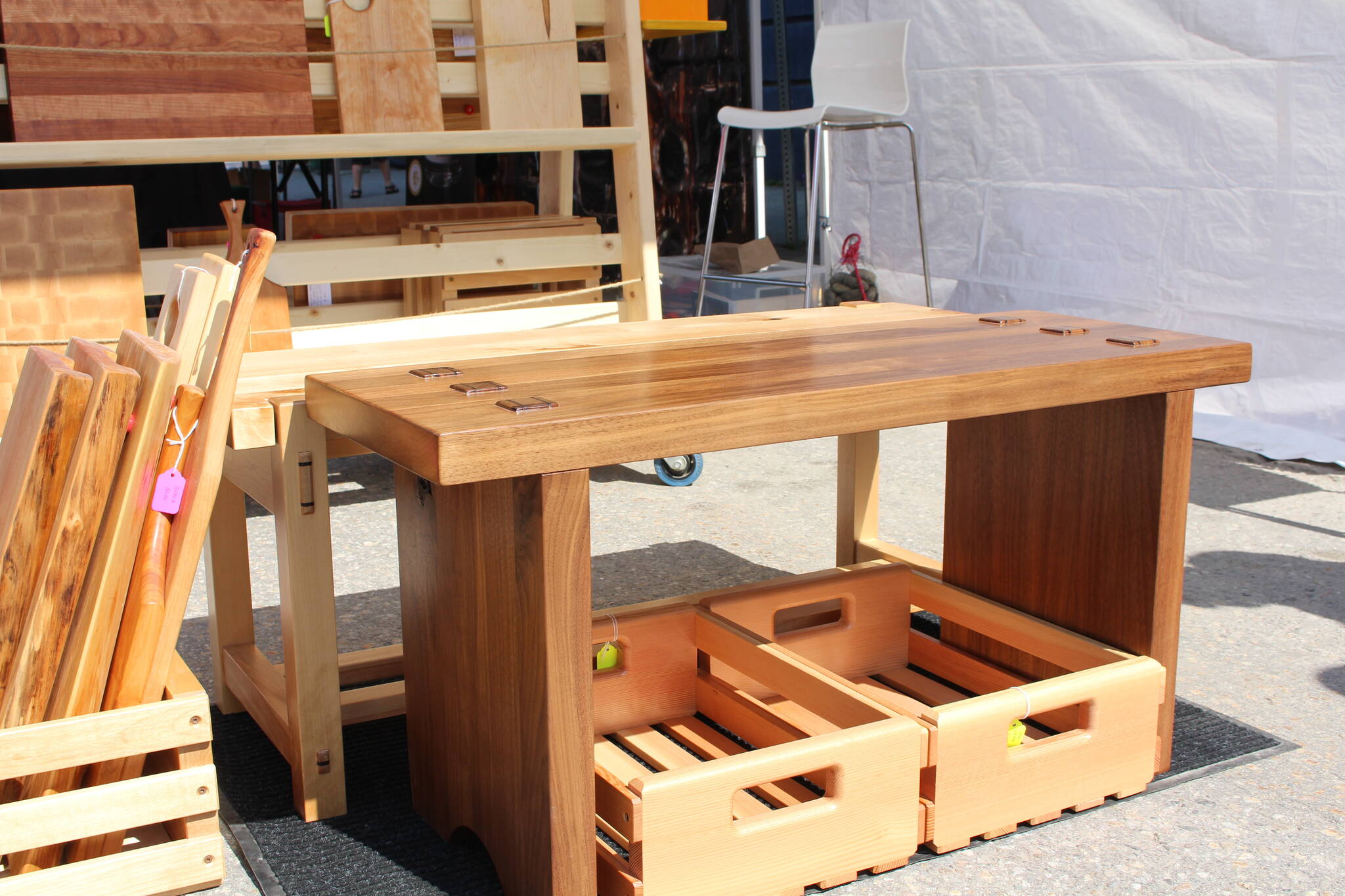 One of Schills benches, made without screws, nails, or glue. (Zachary Delaney/Revelstoke Review)