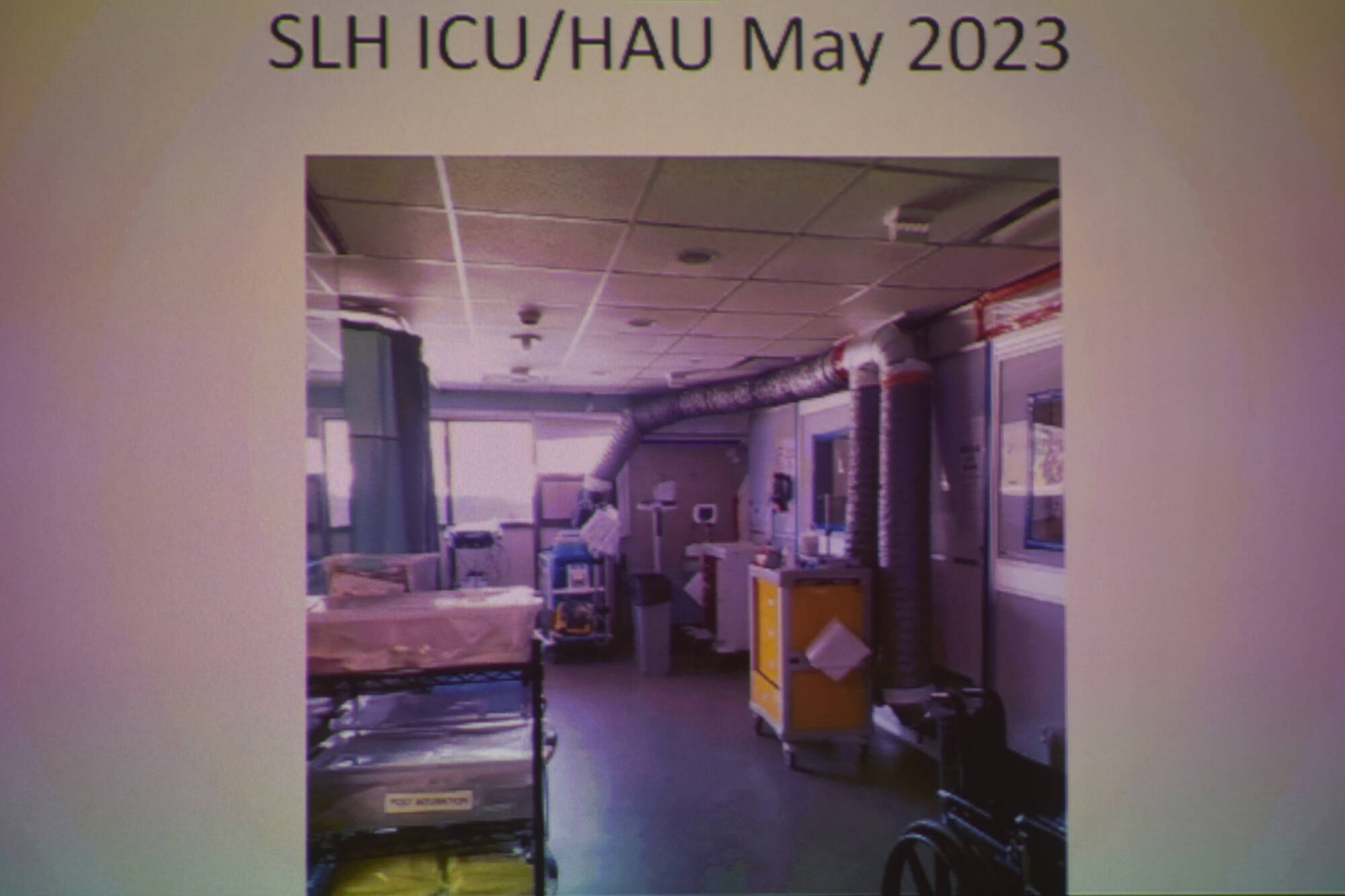 Dr. Scott McKee included a photo of the crowded ICU, intensive care unit, also called the HAU, high acuity unit, in Shuswap Lake General Hospital in May 2023 during his presentation to Salmon Arm council on May 23. (Martha Wickett-Salmon Arm Observer)