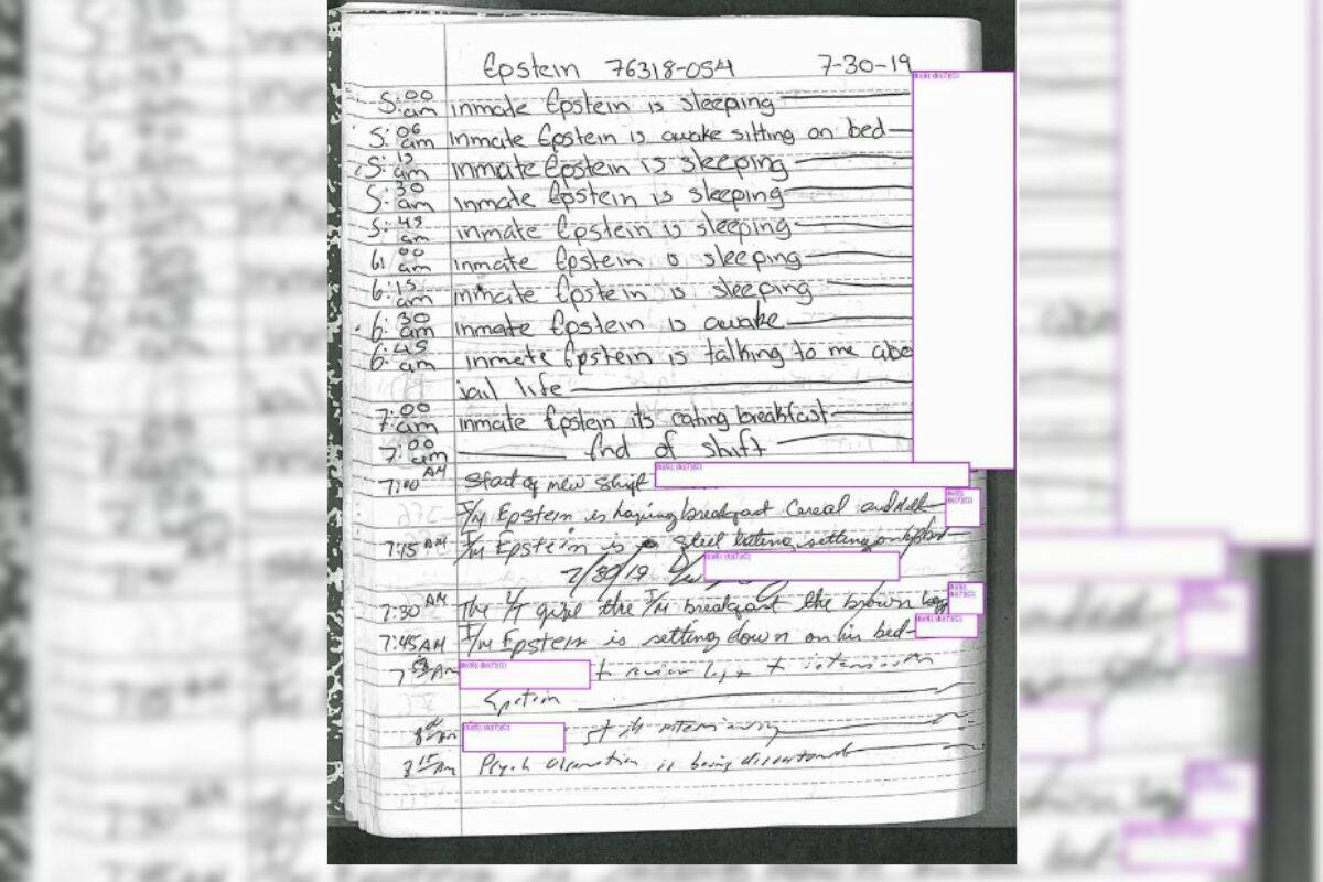 This photo shows one page of more than 4,000 pages of documents that the Associated Press obtained on Thursday, June 1, 2023, related to Jeffrey Epsteins jail suicide from the federal Bureau of Prisons under the Freedom of Information Act. (Federal Bureau of Prisons via AP)