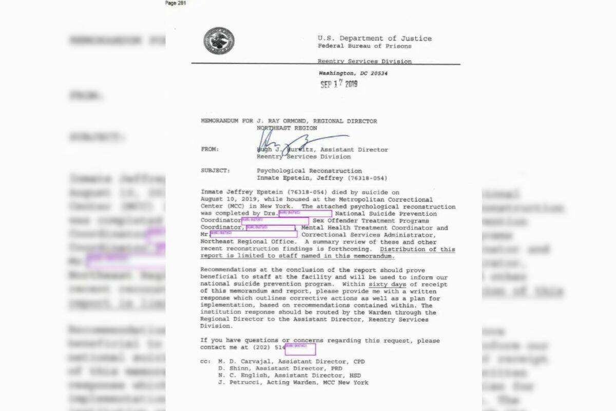 This photo shows one page of more than 4,000 pages of documents that the Associated Press obtained on Thursday, June 1, 2023, related to Jeffrey Epsteins jail suicide from the federal Bureau of Prisons under the Freedom of Information Act. (Federal Bureau of Prisons via AP)