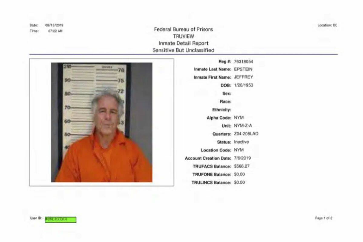 This photo shows one page of more than 4,000 pages of documents that the Associated Press obtained on Thursday, June 1, 2023, related to Jeffrey Epsteins jail suicide from the federal Bureau of Prisons under the Freedom of Information Act. (Federal Bureau of Prisons via AP)