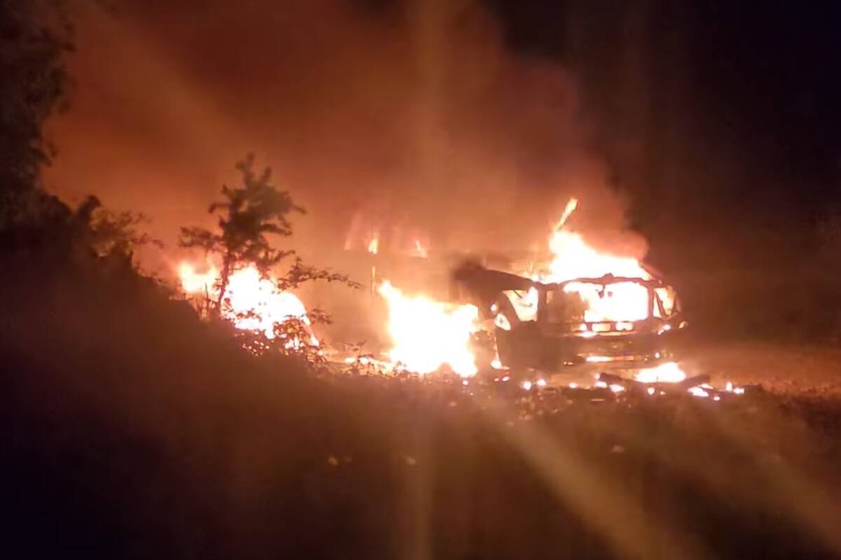 The Okanagan Forest Task Force found a truck engulfed in flames when on patrol on Friday night, June 2. (OFTF/Facebook)