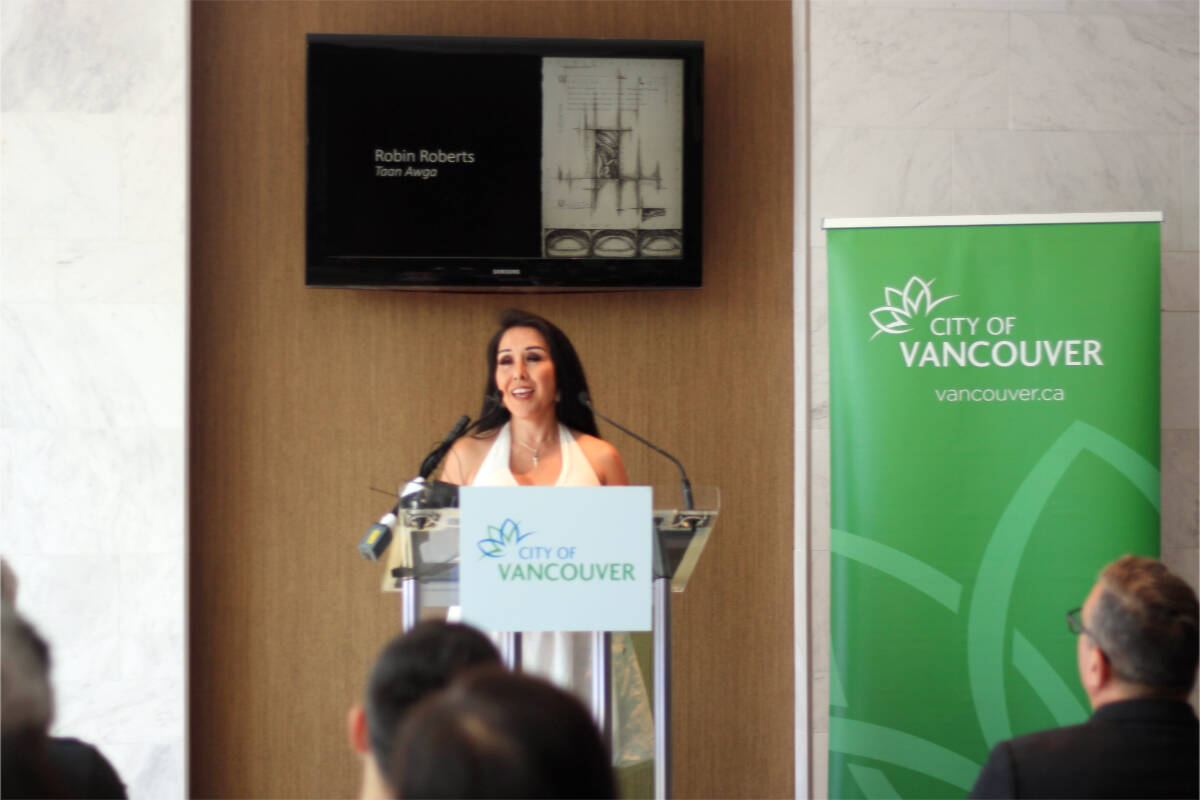 Vancouver Indigenous Arts and Culture Planner Dionne Paul speaks during the launch of the 2023 Platforms: Nine Places for Seeing public art project, which for the first time since it began in 2010 is showcasing all Indigenous artists. June is National Indigenous History Month. (Lauren Collins)