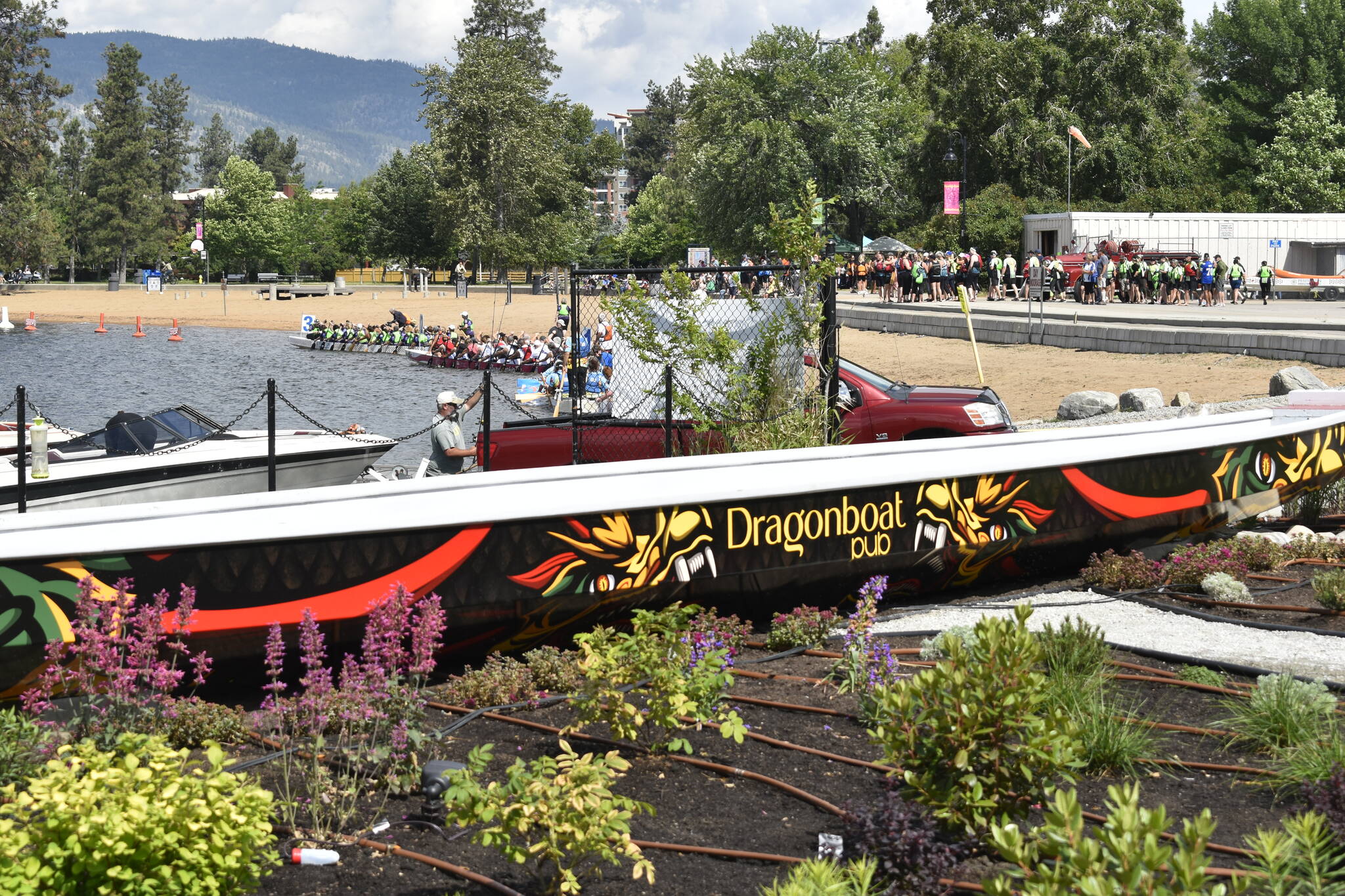This canoe outside the pub was by donation from the Penticton Paddle Sports Association.