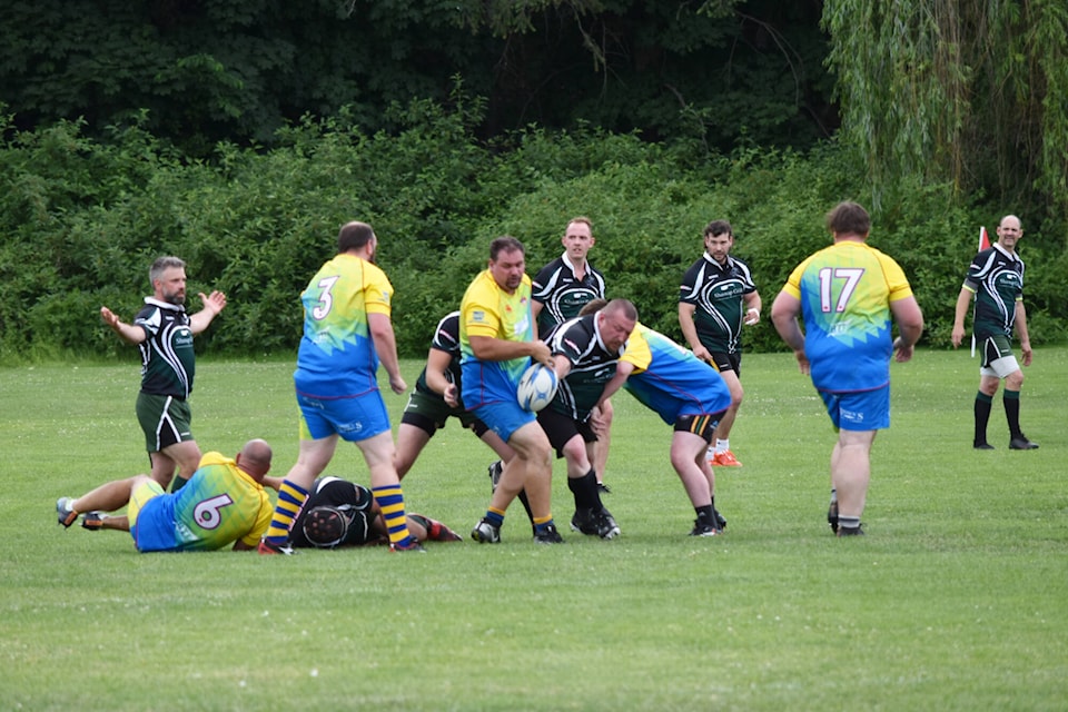 The Salmon Arm Yeti play the Vernon Jackals at the last regular season game of the Okanagan men’s rugby summer season Saturday, June 17, 2023. (Rebecca Willson-Salmon Arm Observer)