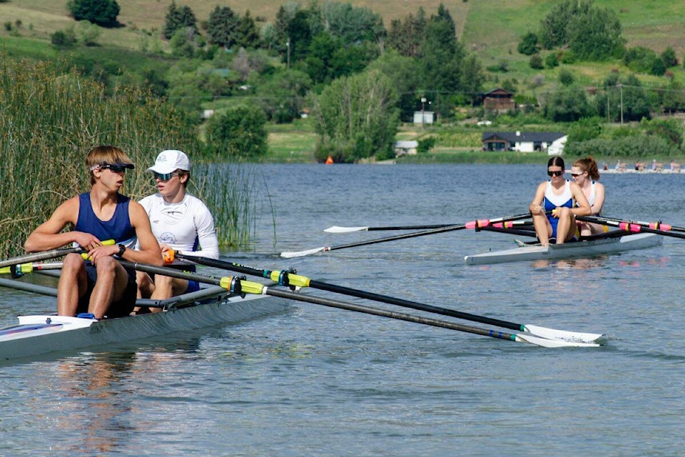 Left to right: Brayden Davis, Jonas Masys and Danica Ariano, Danae McCulloch heading out to the start of the head race at the Lap the Lake Regatta on Saturday, June 17. (Contributed)