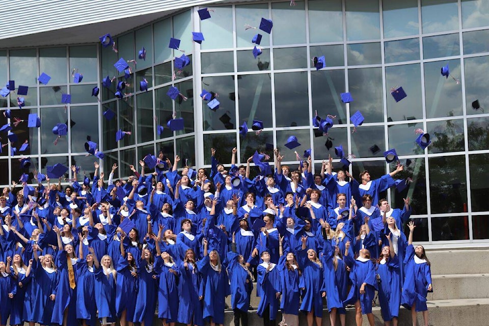 Caps fly as the graduating seniors at Vernon Secondary School (VSS) had their official photos taken on Wednesday, June 21. (Bowen Assman Photo)