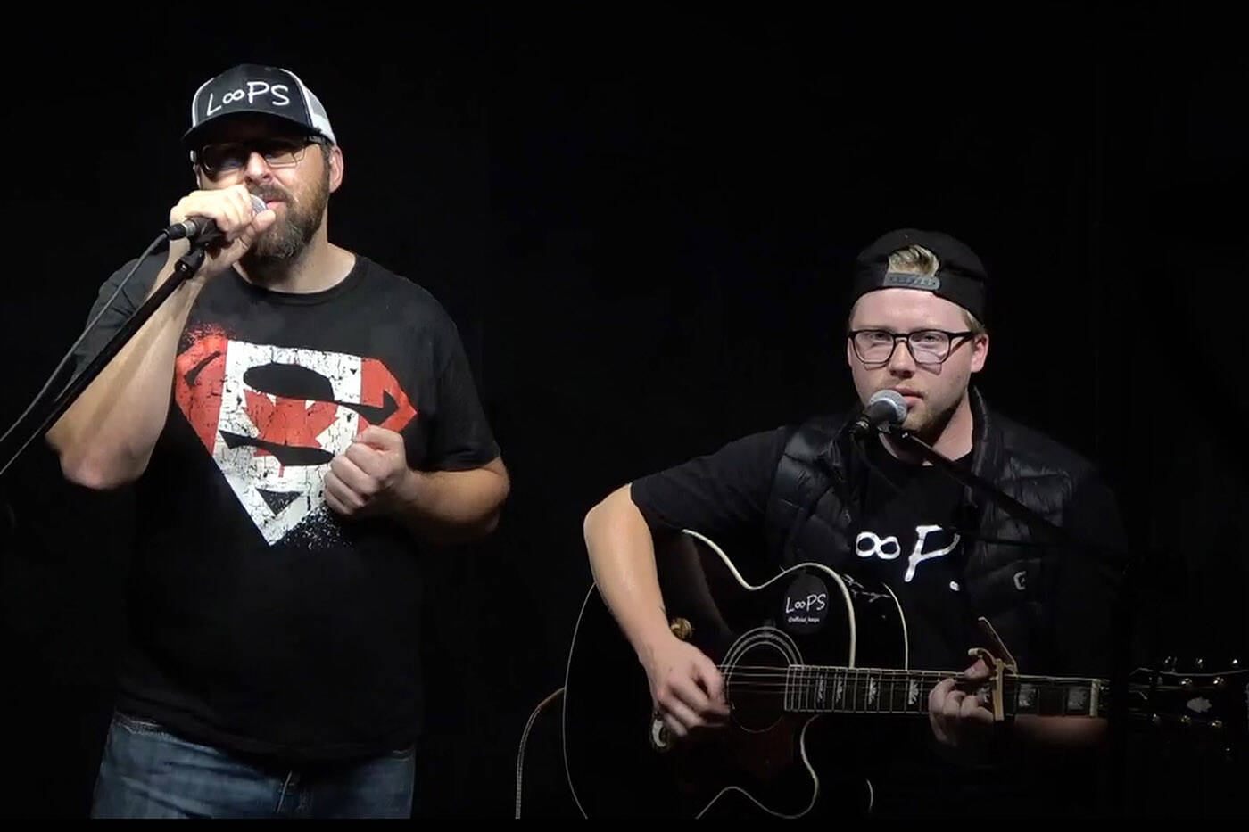 Kevin Roy (left) and Jon Fennell of B.C. acoustic-pop duo LooPS will attempt to break the Guinness World Record for most number of concerts performed in 12 hours on July 8. (Submitted by LooPS)