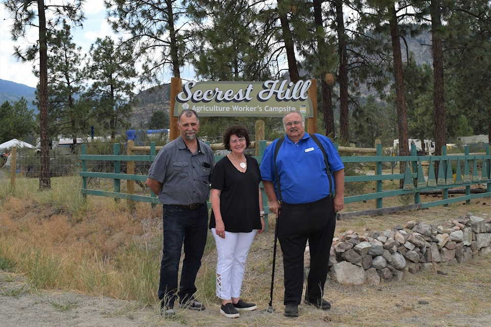 Mark Pendergraft (RDOS Chair); Pam Alexis (Minister of Agriculture and Food); Rick Knodel (RDOS Electoral Area C director) at Secrest Hill campground, formally Loose Bay in 2023. Knodel, a regional district director since 2018, died suddenly on Jan. 7. (Submitted)